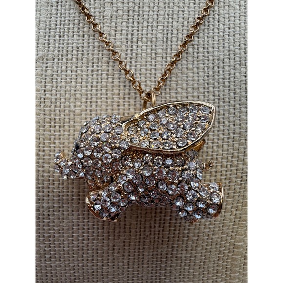 Sparkling Elephant Pendant Necklace Gold Tone Rhinestone Charm Statement Jewelry - Picture 3 of 12